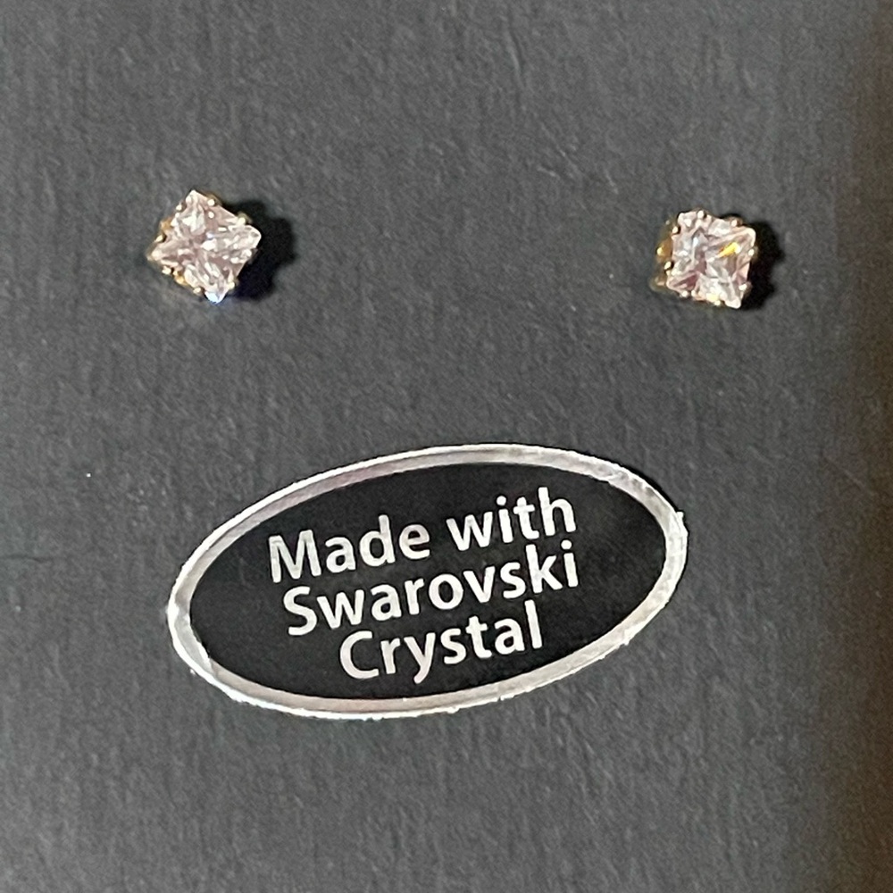 Swarovski Silver Square Cut Crystal Stud Earrings with Gold Trim and‎ Backing.